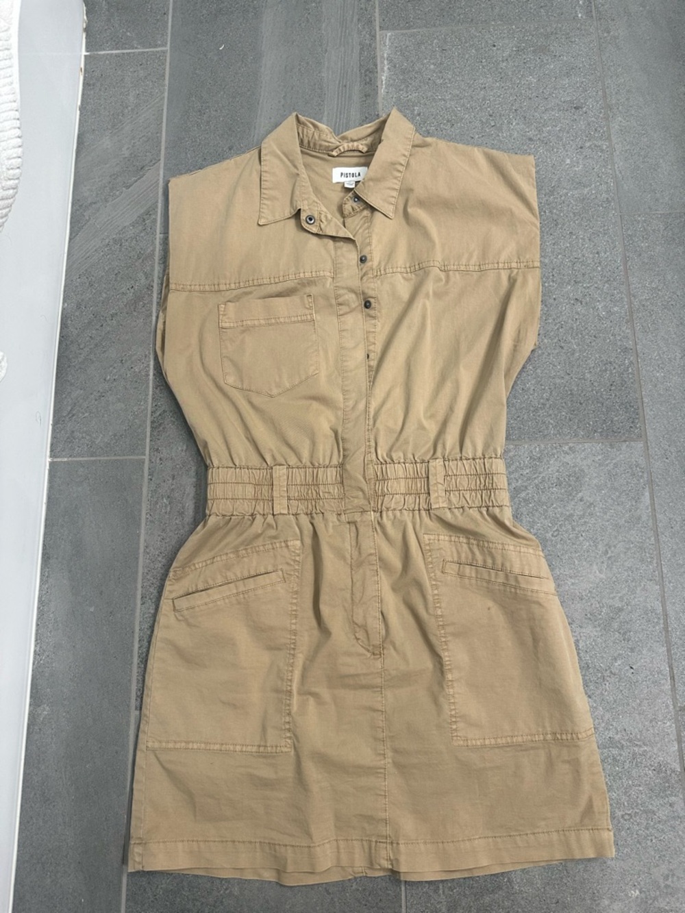 pistola Tan Sleeveless Utility Shirt Dress